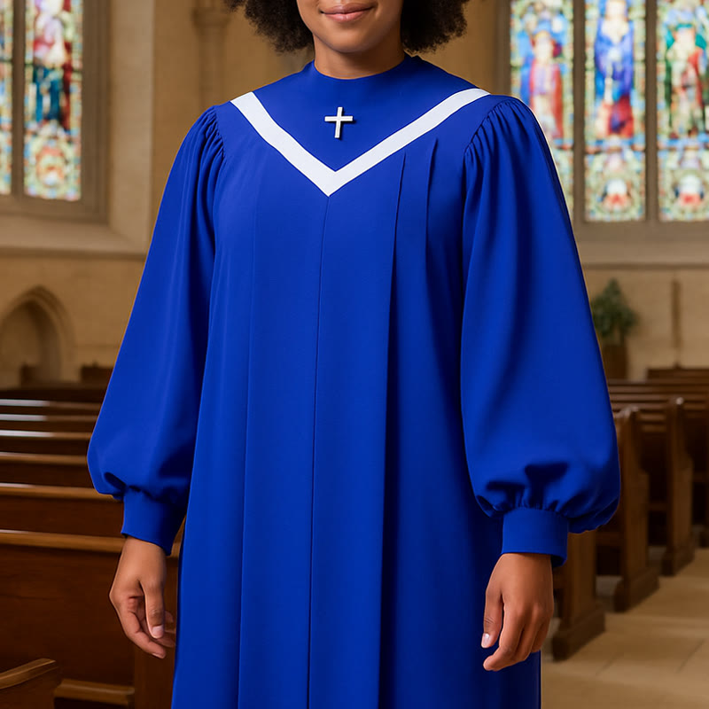 Christianartworkshop Elegante zeremonielle blaue Priesterrobe mit weißem V-Ausschnittbesatz und Kreuz - 3XL - image 0