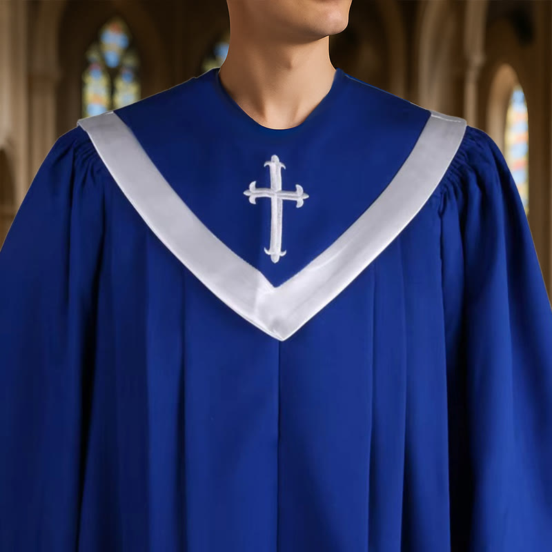 Christianartworkshop Elegante zeremonielle blaue Priesterrobe mit weißem V-Ausschnittbesatz und Kreuz - image 1