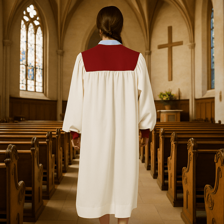 Christianartworkshop Markante weiße Kirchenrobe mit rotem Kragen und Kreuzemblem - image 3