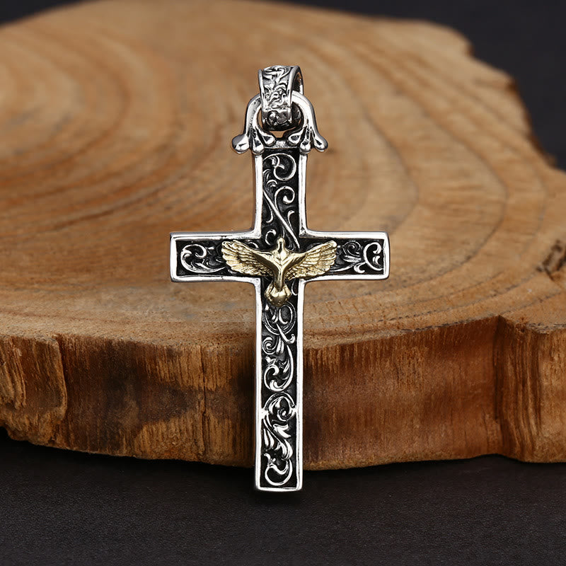 Christianartworkshop Aufwendig gearbeitete Halskette aus Sterlingsilber mit Kreuz und goldener Taube: Eine exquisite Verbindung von Detailverliebtheit und Hingabe - 925 Sterlingsilber - image 0