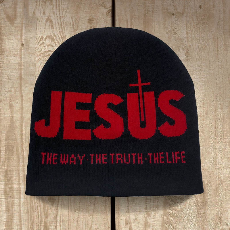 Christianartworkshop JESUS Jacquard Herbst/Winter Outdoor Radfahren Strickmütze - Schwarz und Rot - image 0
