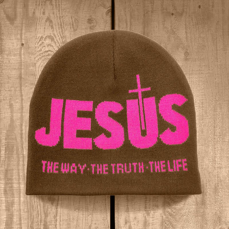 Christianartworkshop JESUS Jacquard Herbst/Winter Outdoor Radfahren Strickmütze - Braun und Pink - image 4