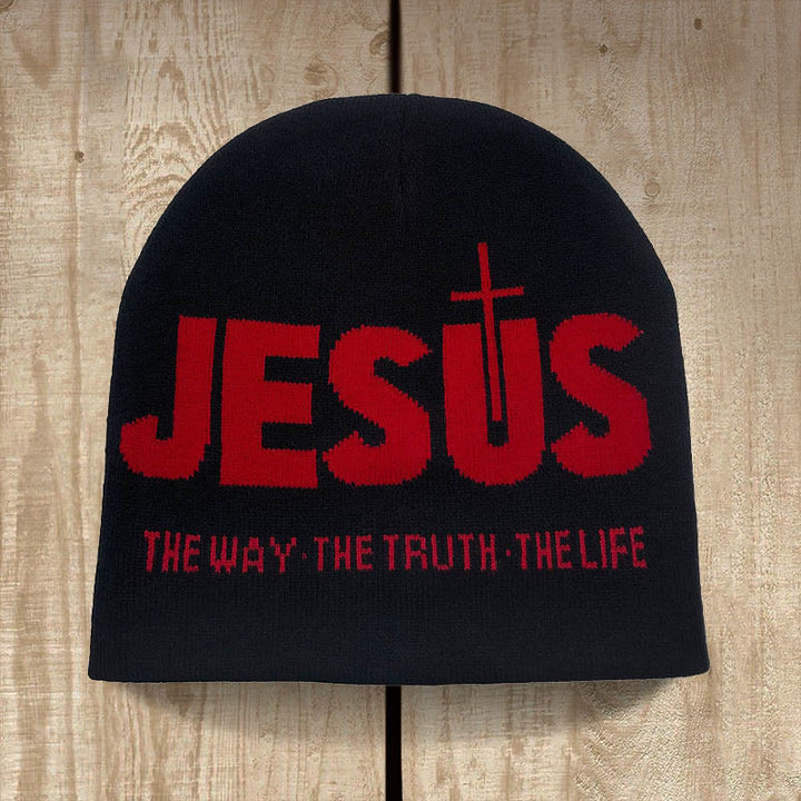 Christianartworkshop JESUS Jacquard Herbst/Winter Outdoor Radfahren Strickmütze - Schwarz und Rot - image 0