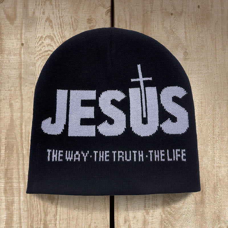 Christianartworkshop JESUS Jacquard Herbst/Winter Outdoor Radfahren Strickmütze - Schwarz und Grau - image 2