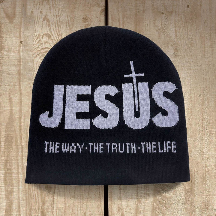 Christianartworkshop JESUS Jacquard Herbst/Winter Outdoor Radfahren Strickmütze - Schwarz und Grau - image 2