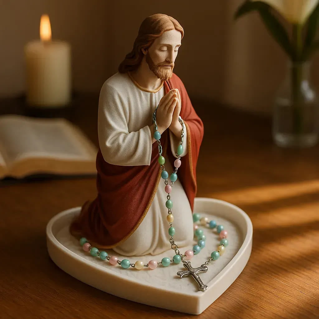 Christianartworkshop Klassischer Rosenkranzhalter aus Kunstharz mit betender Jesusfigur: Ein zeitloses Symbol der Hingabe - Jesus - M (Höhe 15 cm) - image 2