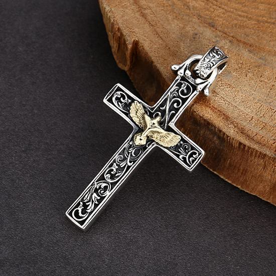 Christianartworkshop Aufwendig gearbeitete Halskette aus Sterlingsilber mit Kreuz und goldener Taube: Eine exquisite Verbindung von Detailverliebtheit und Hingabe - image 1