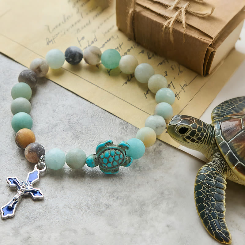 Christianartworkshop Ocean's Faith mit mehrfarbigem Naturstein und Schildkröten-Charm-Tierarmband - Mattes Amazonit - image 0