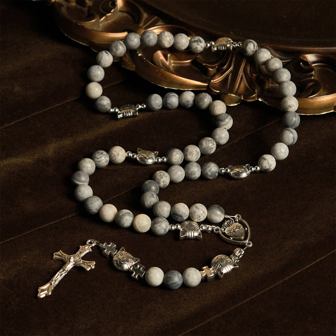 Christianartworkshop Gebetsrosenkranz mit hellgrauer getigerter Katze: Gebetsvolle Fürsorge für streunende Katzen, Armband, Tierrosenkranz - image 3