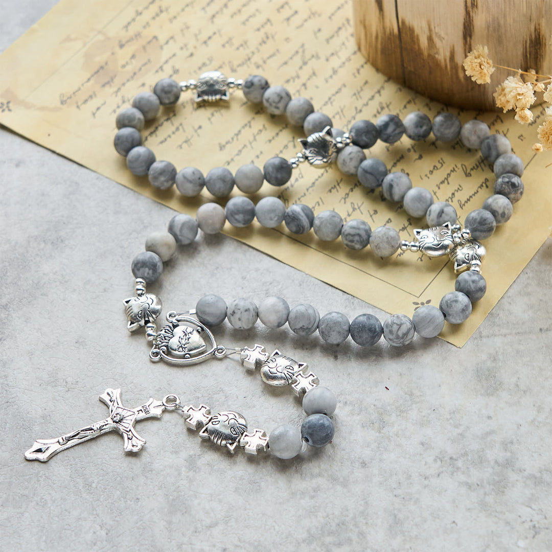 Christianartworkshop Gebetsrosenkranz mit hellgrauer getigerter Katze: Gebetsvolle Fürsorge für streunende Katzen, Armband, Tierrosenkranz - image 1