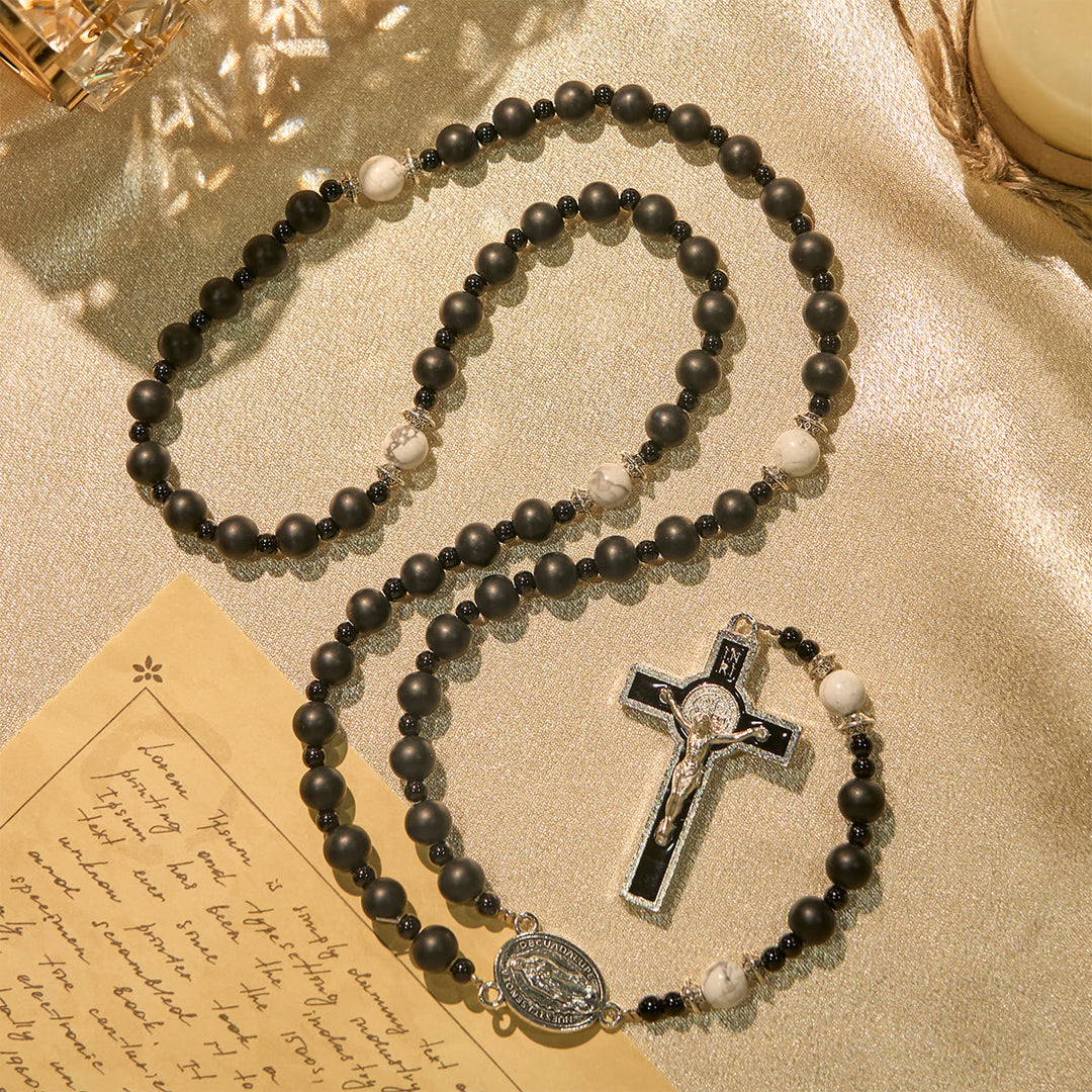 Christianartworkshop Handgefertigter Rosenkranz aus mattschwarzen Perlen mit silbernem Kruzifix und Wundertätiger Medaille - image 5