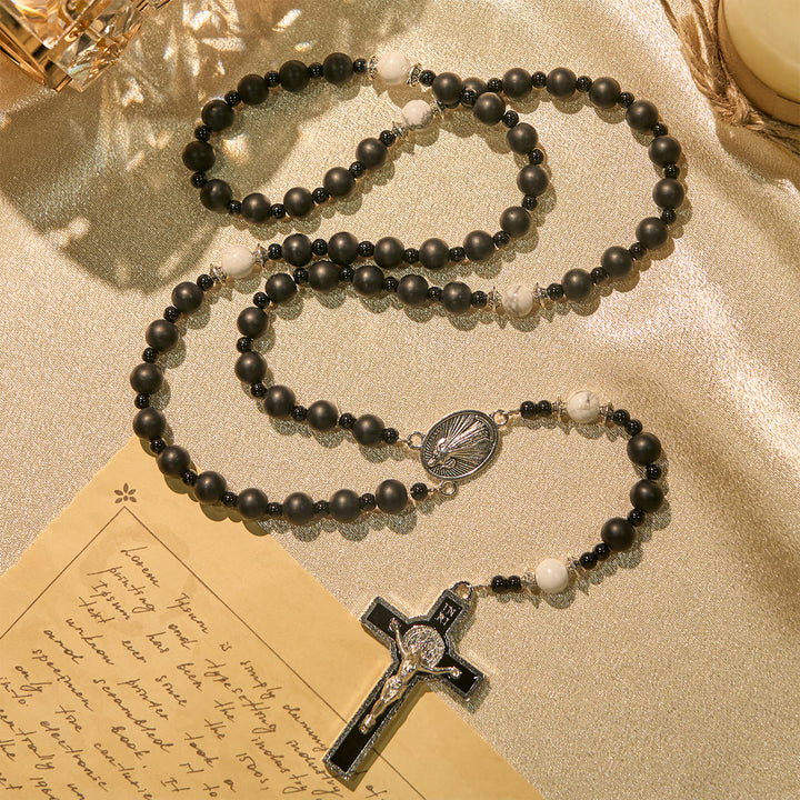 Christianartworkshop Handgefertigter Rosenkranz aus mattschwarzen Perlen mit silbernem Kruzifix und Wundertätiger Medaille - image 6