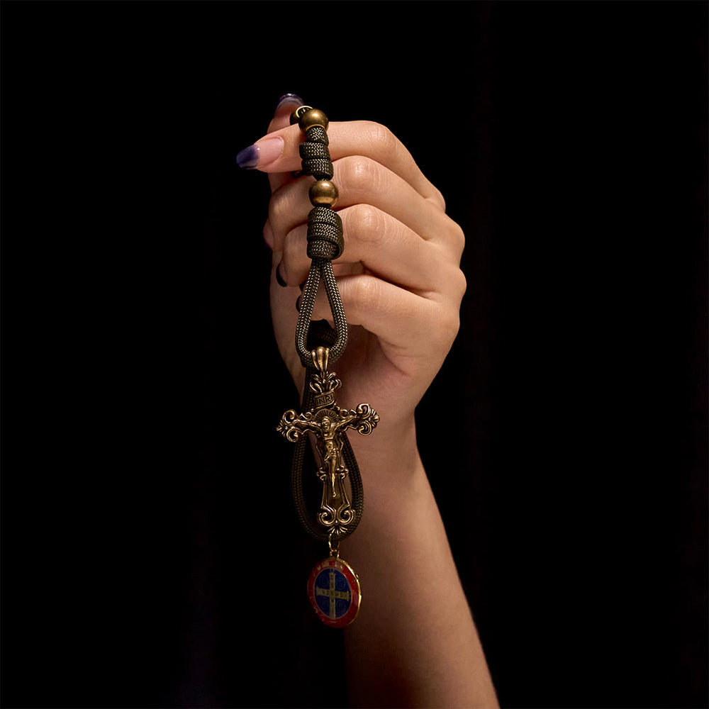 Christianartworkshop St. Benedikt Schutz All-Place Tragbare Bronze Perlen Nylon Schnur Tasche Rosenkranz - image 1