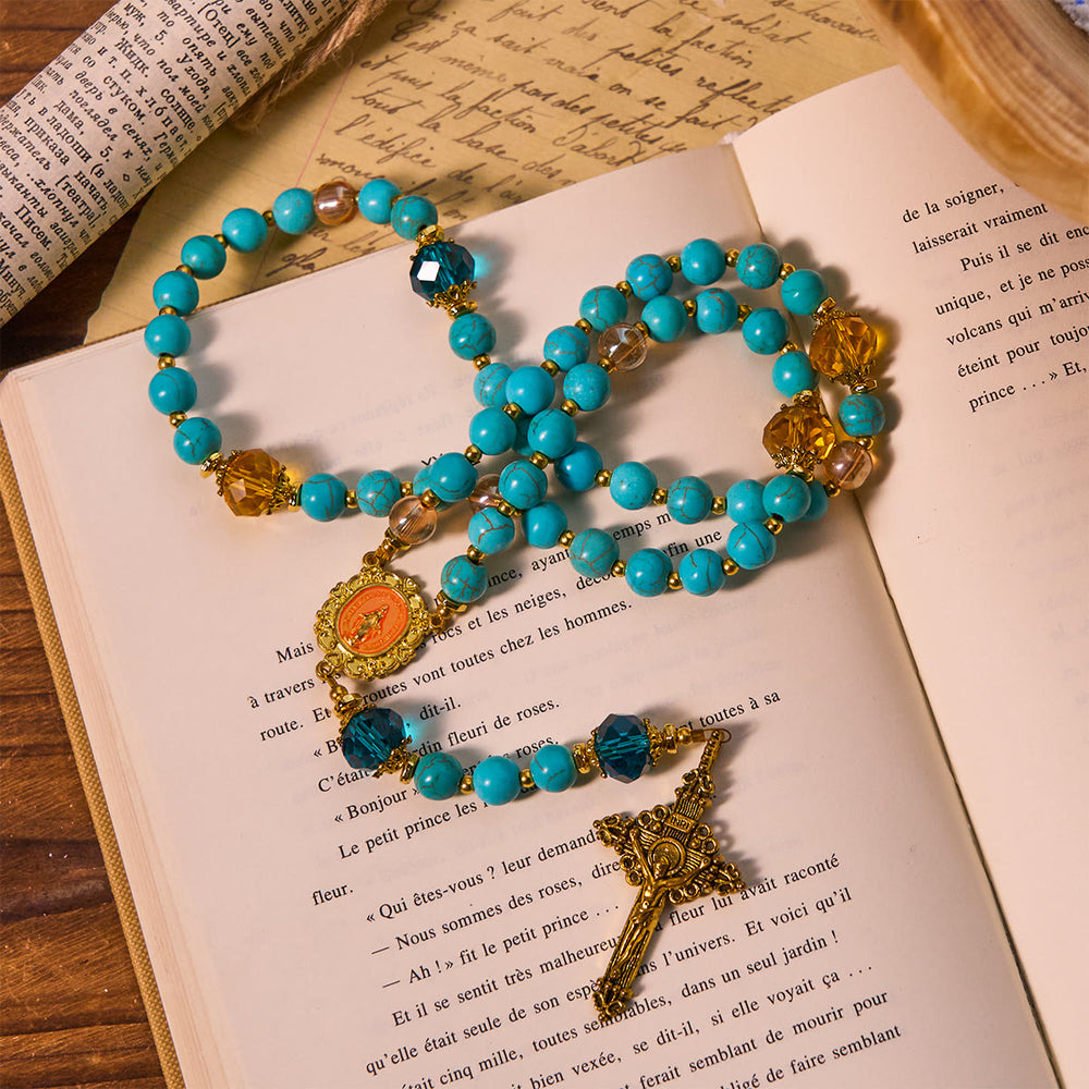 Christianartworkshop Klassischer Rosenkranz aus türkisfarbenen Perlen und goldener Legierung mit Kruzifix und Wundertätiger Medaille - image 1