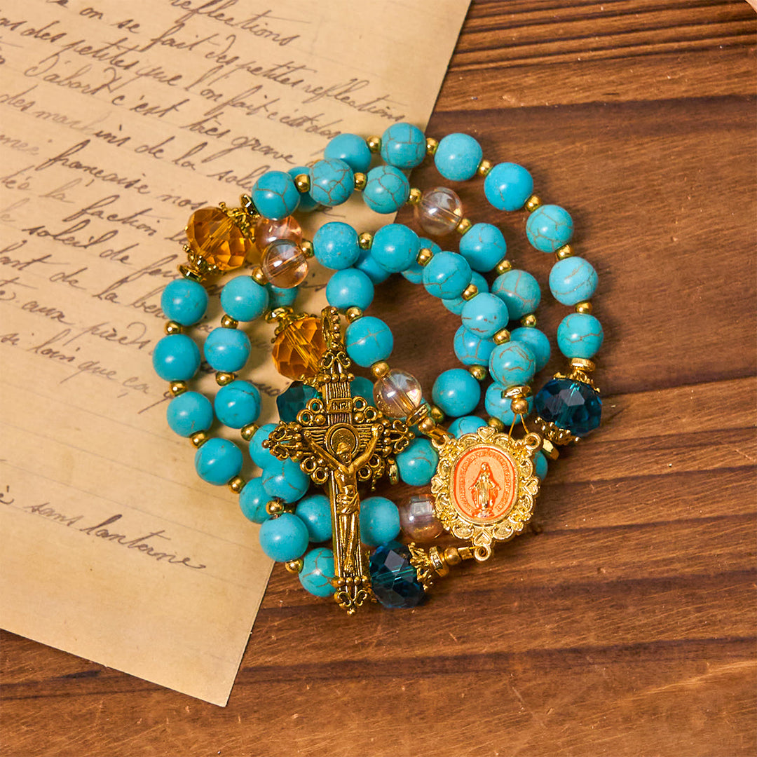 Christianartworkshop Klassischer Rosenkranz aus türkisfarbenen Perlen und goldener Legierung mit Kruzifix und Wundertätiger Medaille - Türkisfarbener Rosenkranz - image 0
