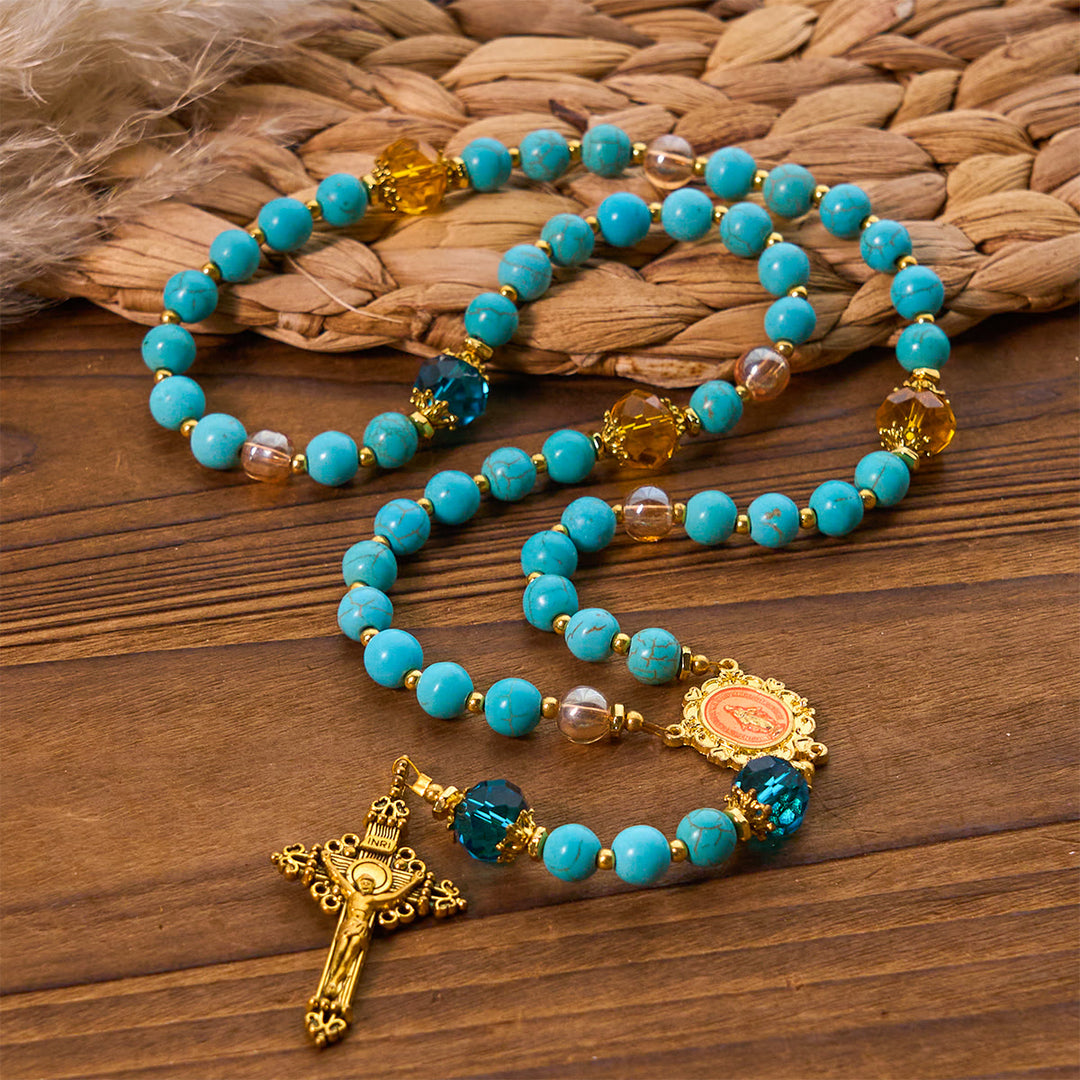Christianartworkshop Klassischer Rosenkranz aus türkisfarbenen Perlen und goldener Legierung mit Kruzifix und Wundertätiger Medaille - image 2