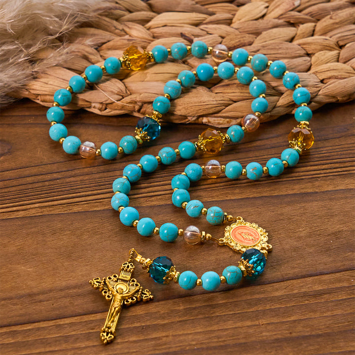 Christianartworkshop Klassischer Rosenkranz aus türkisfarbenen Perlen und goldener Legierung mit Kruzifix und Wundertätiger Medaille - image 2