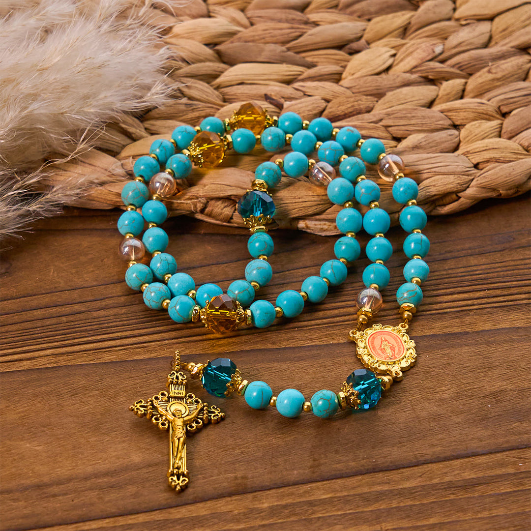 Christianartworkshop Klassischer Rosenkranz aus türkisfarbenen Perlen und goldener Legierung mit Kruzifix und Wundertätiger Medaille - image 3