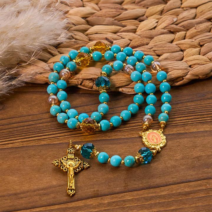 Christianartworkshop Klassischer Rosenkranz aus türkisfarbenen Perlen und goldener Legierung mit Kruzifix und Wundertätiger Medaille - image 3