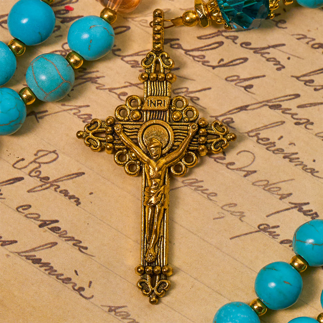 Christianartworkshop Klassischer Rosenkranz aus türkisfarbenen Perlen und goldener Legierung mit Kruzifix und Wundertätiger Medaille - image 6