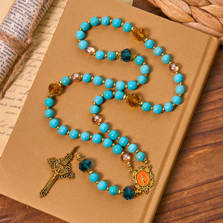 Christianartworkshop Klassischer Rosenkranz aus türkisfarbenen Perlen und goldener Legierung mit Kruzifix und Wundertätiger Medaille - image 4