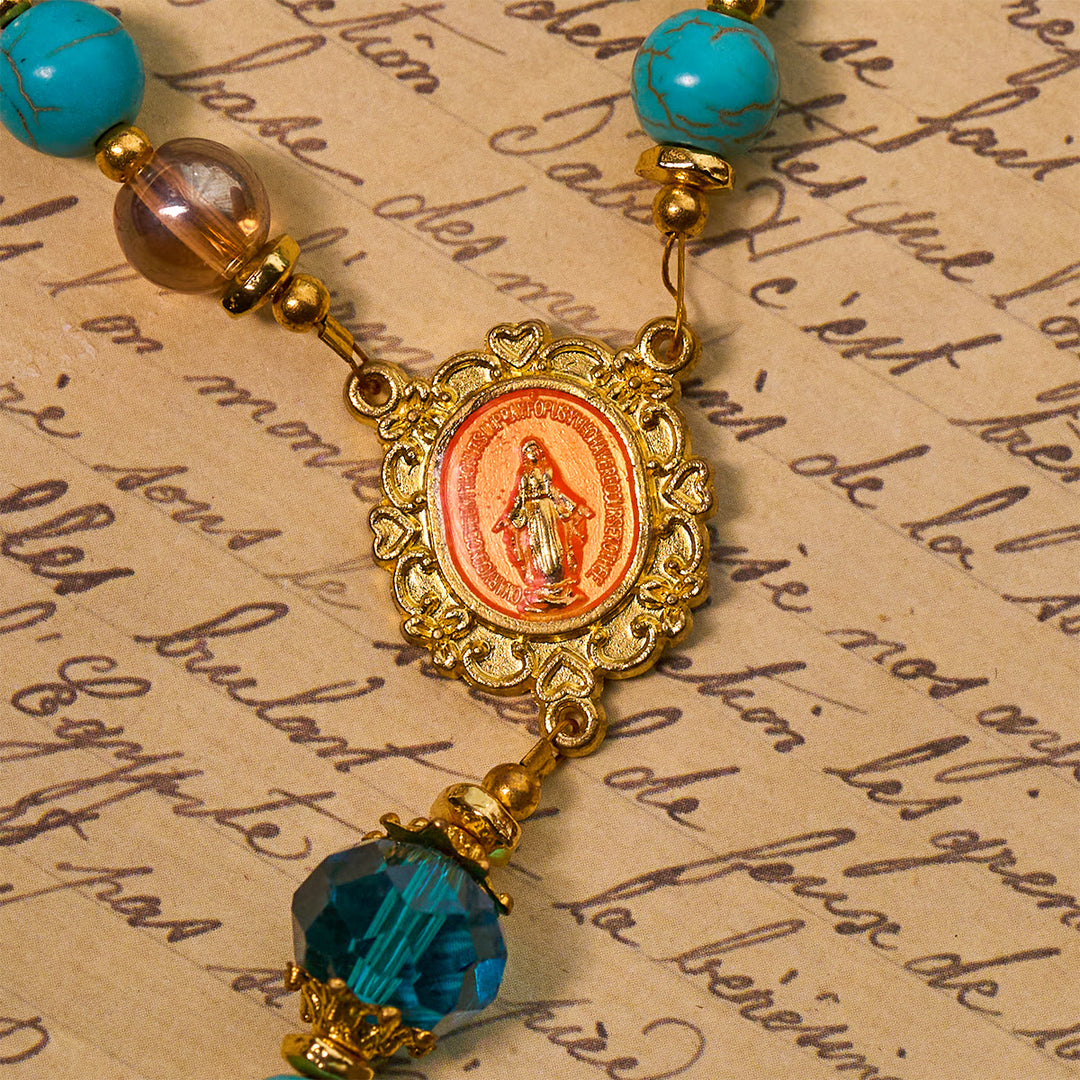 Christianartworkshop Klassischer Rosenkranz aus türkisfarbenen Perlen und goldener Legierung mit Kruzifix und Wundertätiger Medaille - image 7