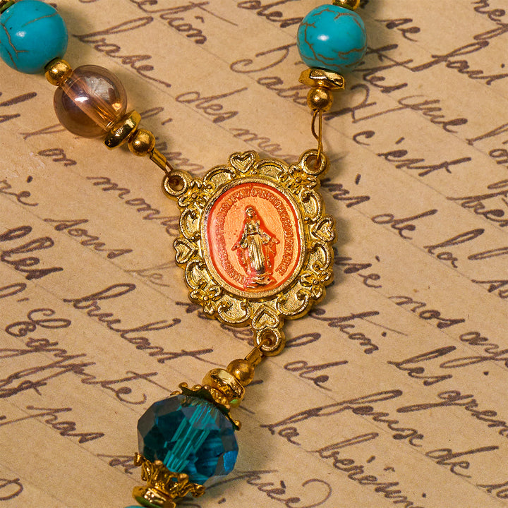 Christianartworkshop Klassischer Rosenkranz aus türkisfarbenen Perlen und goldener Legierung mit Kruzifix und Wundertätiger Medaille - image 7