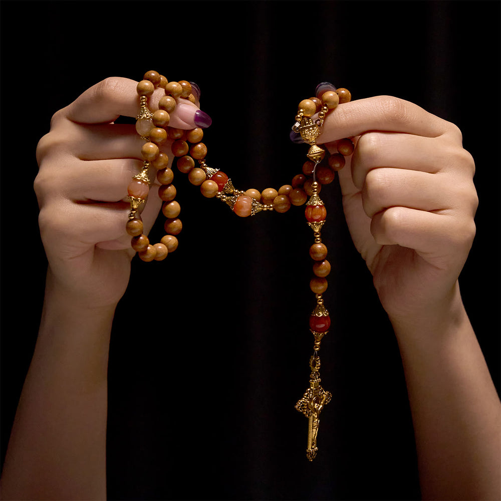 Christianartworkshop Thanksgiving Devotion Sandelholz-Rosenkranz mit Golden Grace Kürbis-Edelsteinen und Heiligem Gral - image 1