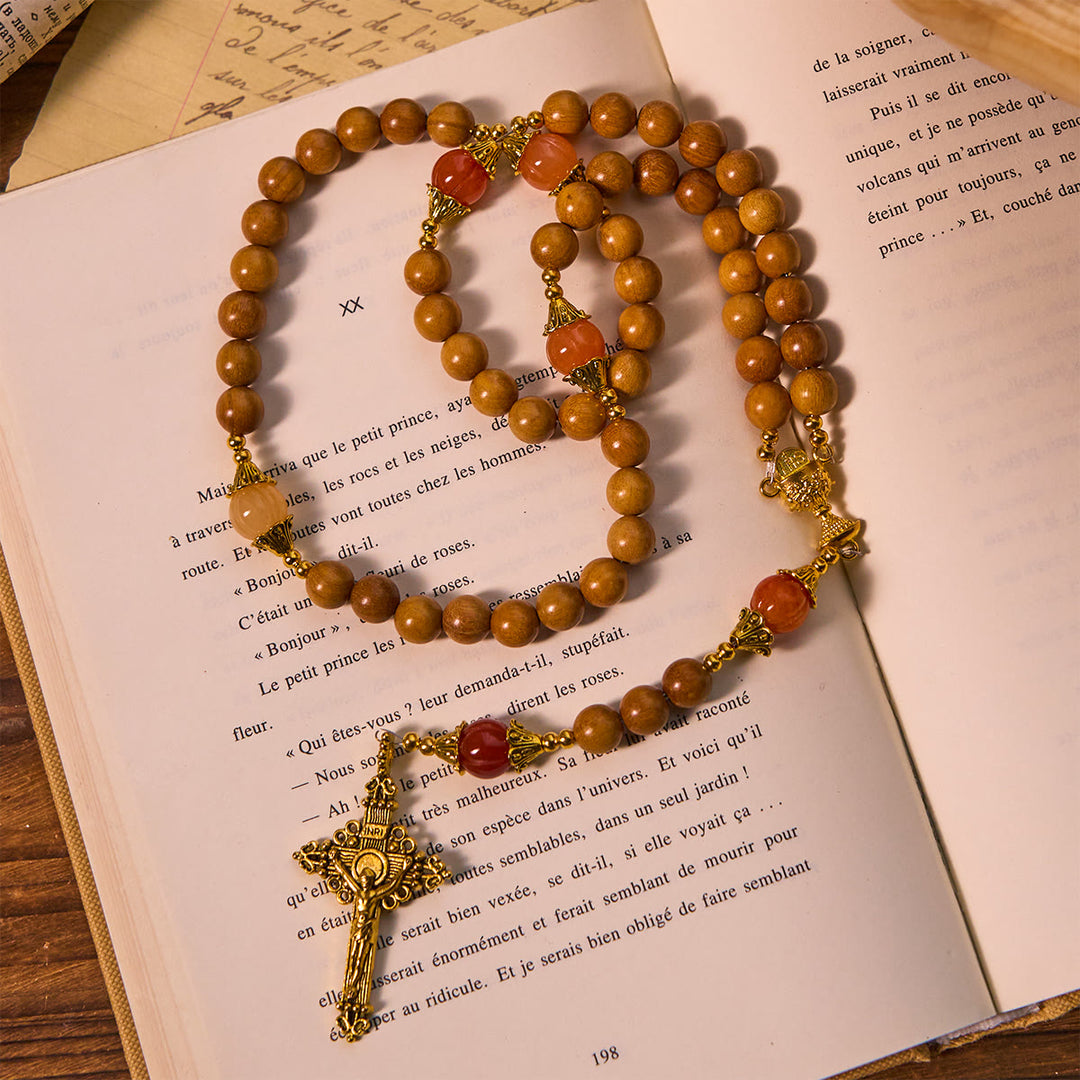 Christianartworkshop Thanksgiving Devotion Sandelholz-Rosenkranz mit Golden Grace Kürbis-Edelsteinen und Heiligem Gral - image 3
