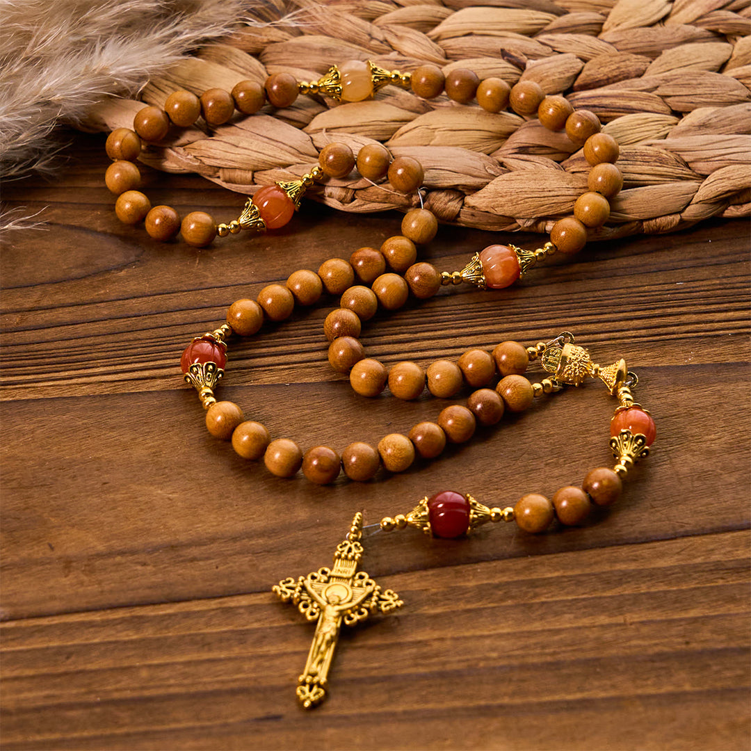 Christianartworkshop Thanksgiving Devotion Sandelholz-Rosenkranz mit Golden Grace Kürbis-Edelsteinen und Heiligem Gral - Holz - image 0