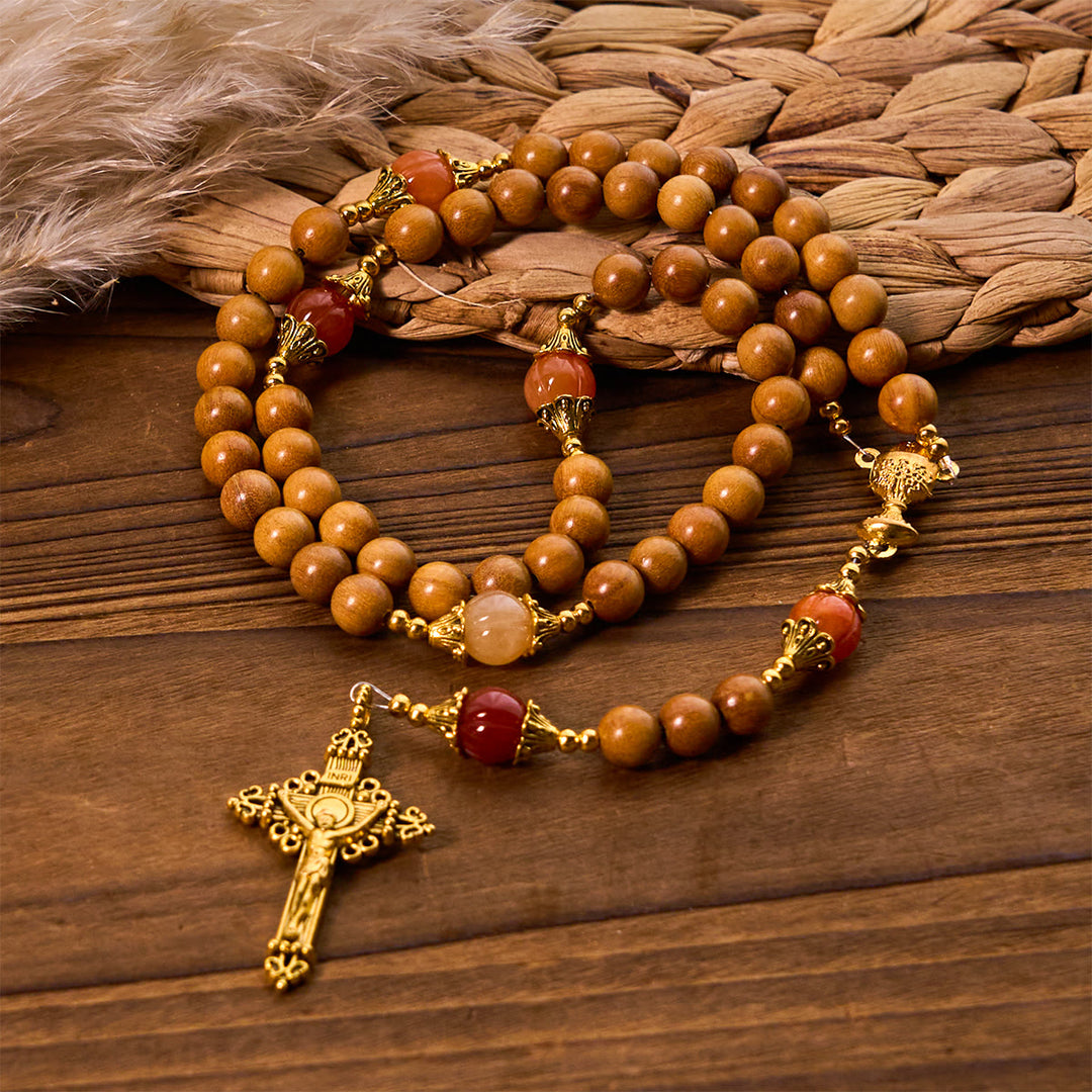 Christianartworkshop Thanksgiving Devotion Sandelholz-Rosenkranz mit Golden Grace Kürbis-Edelsteinen und Heiligem Gral - image 2