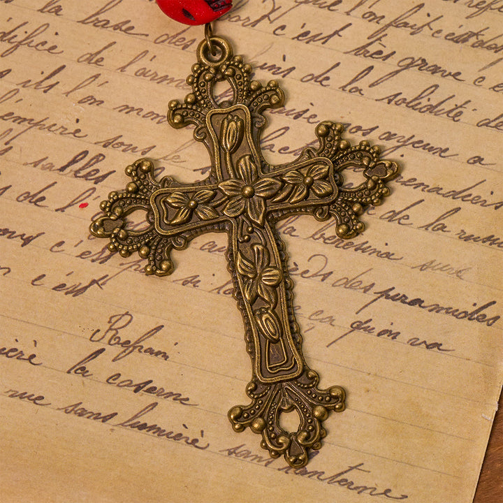 Christianartworkshop Rosenkranz im gotischen Stil mit roten Totenkopf-Akzenten und kunstvollem Blumenkreuz - image 8
