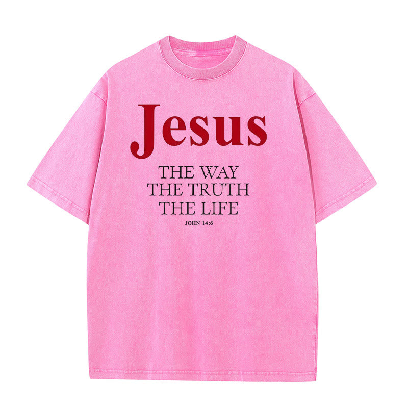 Christianartworkshop Jesus Der Weg Die Wahrheit Das Leben Unisex Gewaschenes T-Shirt - Rosa - 5XL - image 7