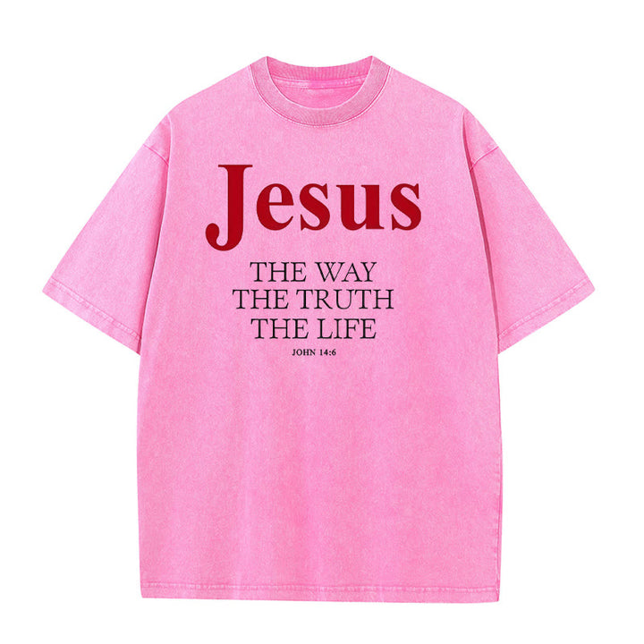 Christianartworkshop Jesus Der Weg Die Wahrheit Das Leben Unisex Gewaschenes T-Shirt - Rosa - 5XL - image 7
