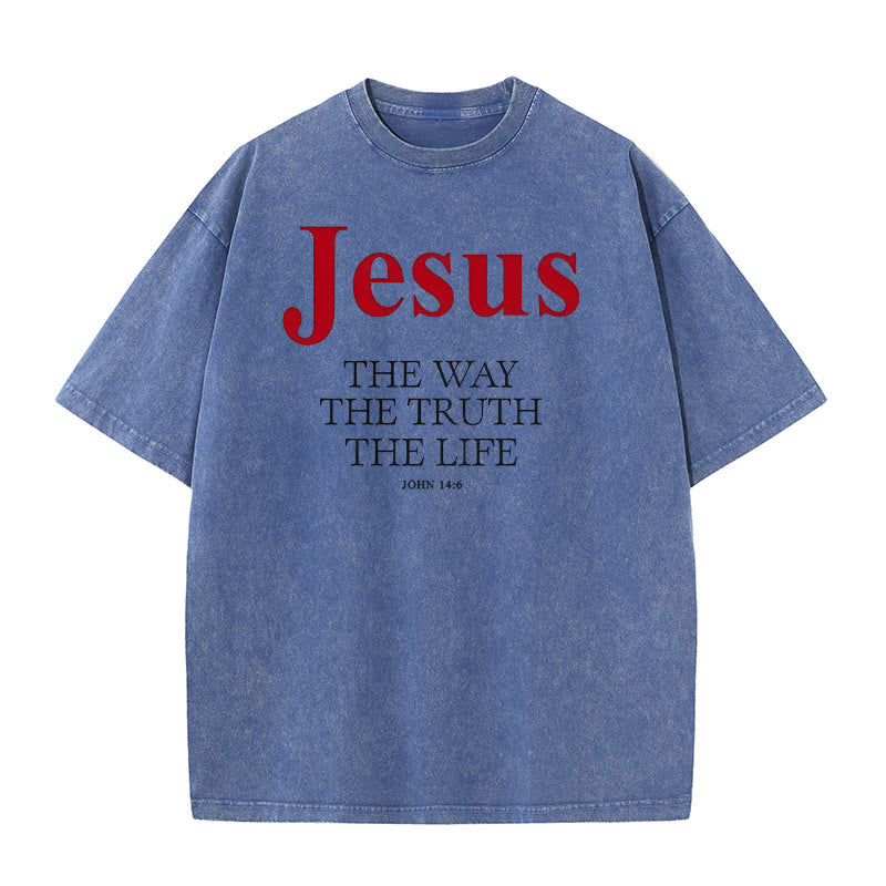 Christianartworkshop Jesus Der Weg Die Wahrheit Das Leben Unisex Gewaschenes T-Shirt - Blau - 5XL - image 6