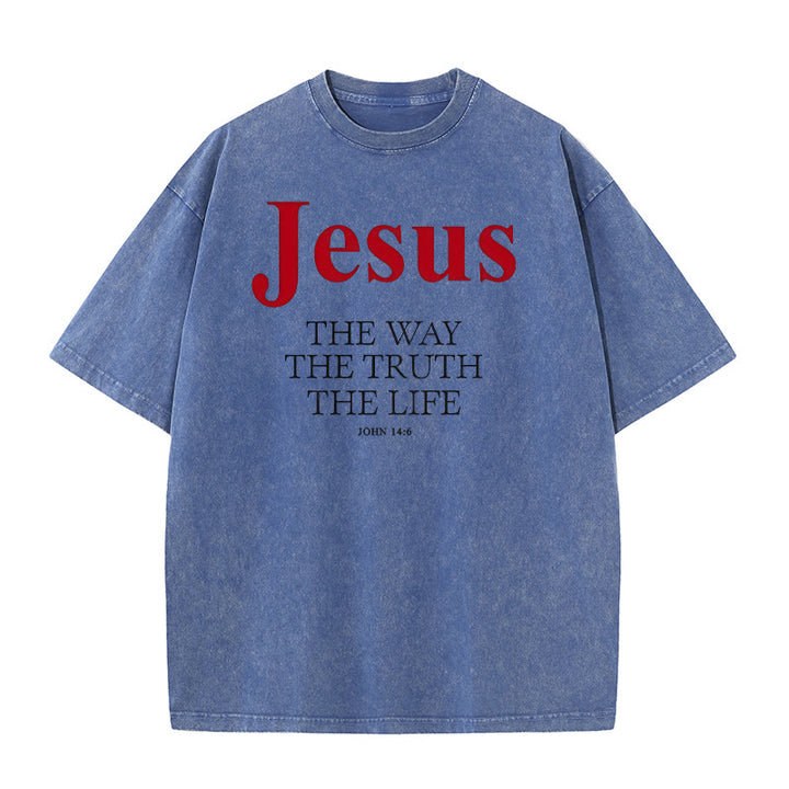 Christianartworkshop Jesus Der Weg Die Wahrheit Das Leben Unisex Gewaschenes T-Shirt - Blau - 5XL - image 6