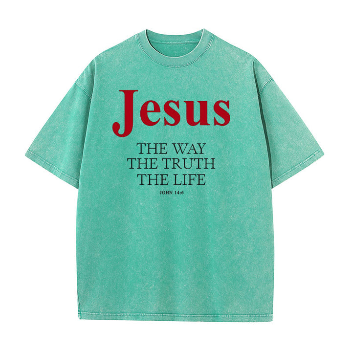 Christianartworkshop Jesus Der Weg Die Wahrheit Das Leben Unisex Gewaschenes T-Shirt - Grün - 5XL - image 8