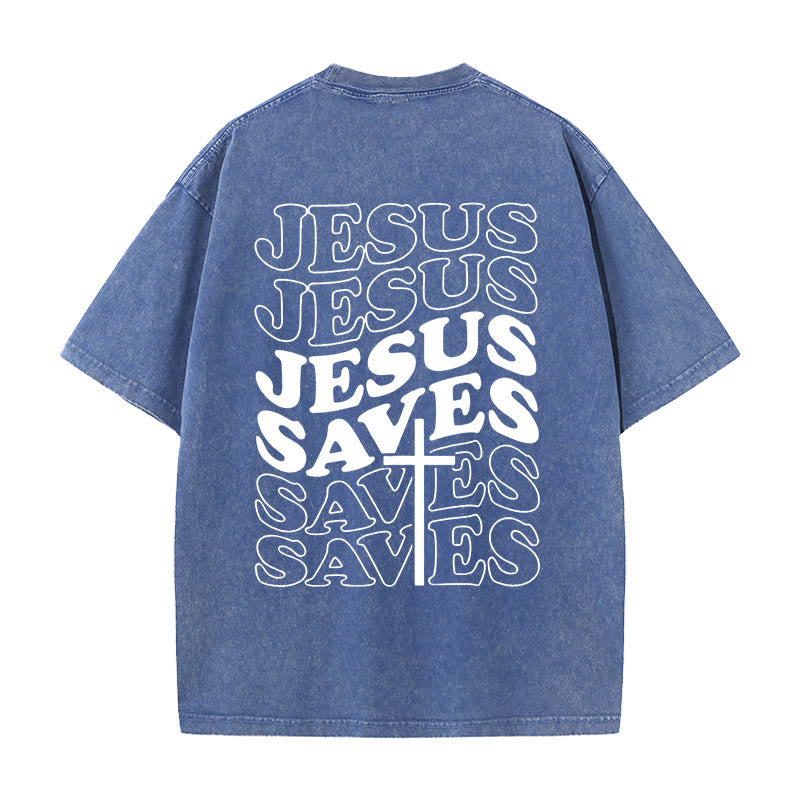 Christianartworkshop Unisex T-Shirt mit Jesus-Rettungskreuz-Grafik, gewaschen - Blau - 5XL - image 9
