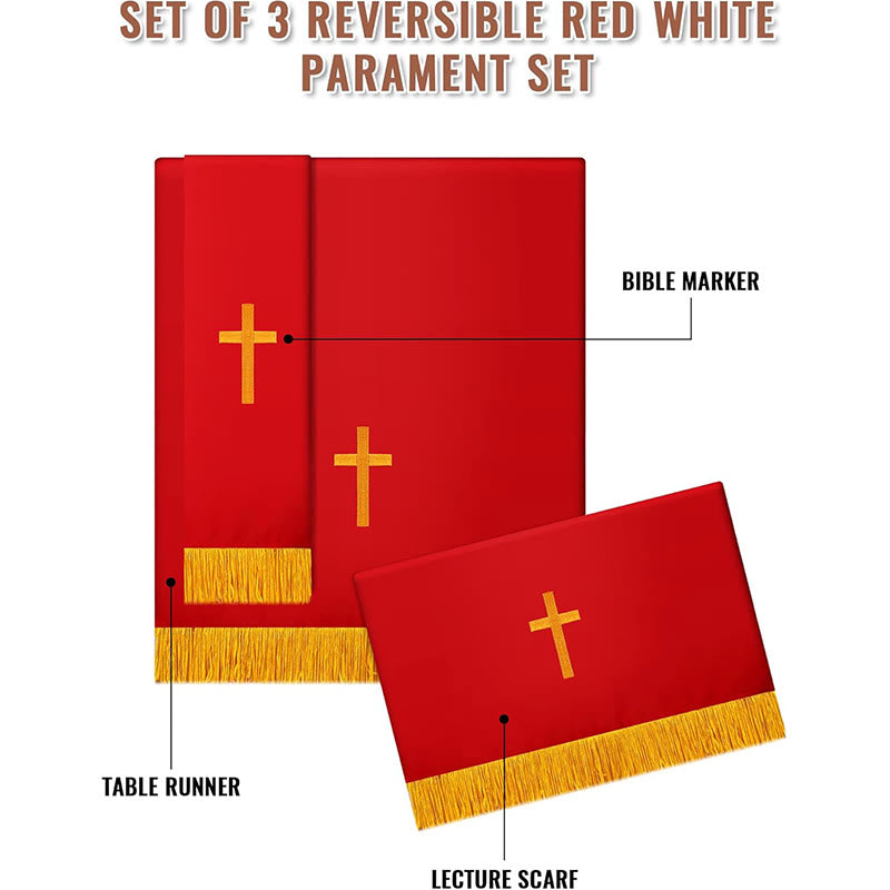 Christianartworkshop Komplettes Kirchenparament-Set: Tischläufer, Rednerpultschal und Bibelmarker in Rot und Weiß - image 1