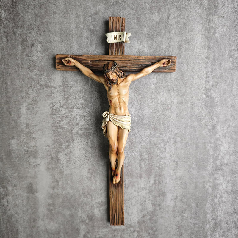 Christianartworkshop Wandkruzifix aus dunklem Kunstharz: Realistisches Jesus- und INRI-Detail - Kruzifix - image 0