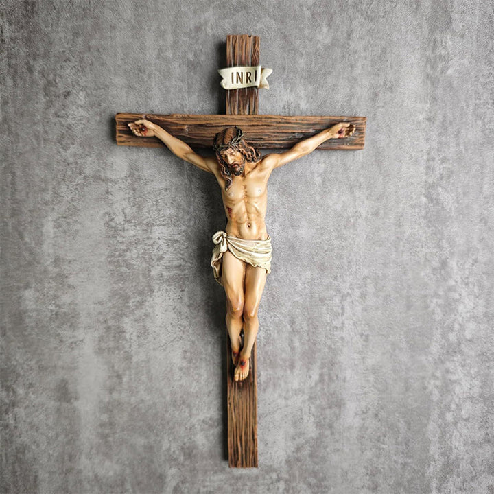 Christianartworkshop Wandkruzifix aus dunklem Kunstharz: Realistisches Jesus- und INRI-Detail - Kruzifix - image 0