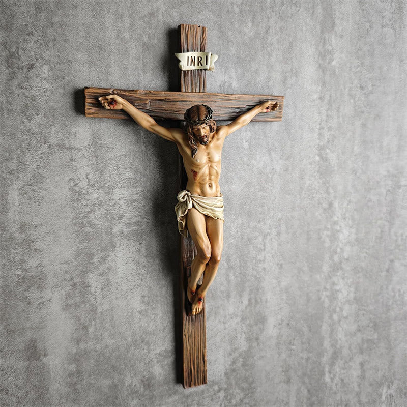 Christianartworkshop Wandkruzifix aus dunklem Kunstharz: Realistisches Jesus- und INRI-Detail - image 1