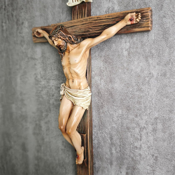 Christianartworkshop Wandkruzifix aus dunklem Kunstharz: Realistisches Jesus- und INRI-Detail - image 2