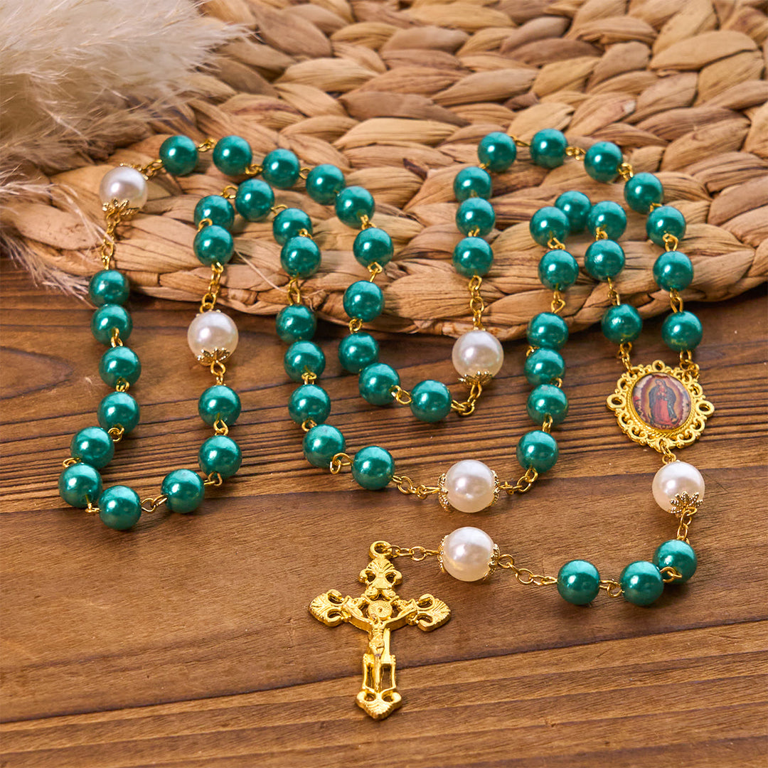 Christianartworkshop Rosenkranz aus blaugrünen Perlen mit goldfarbenem Kruzifix und Wundertätiger Medaille - Kruzifix & Wundertätige Medaille - image 0