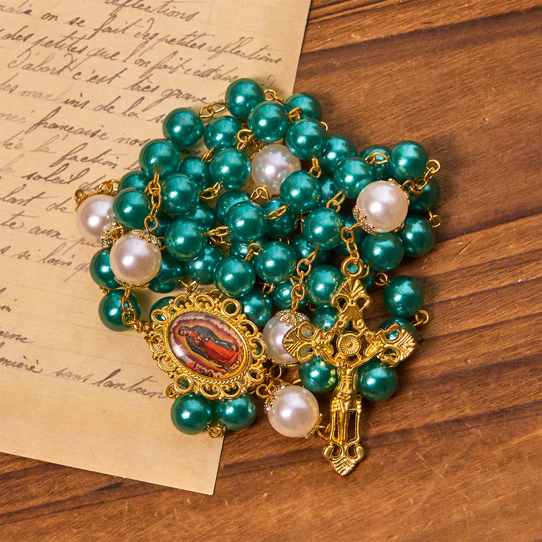 Christianartworkshop Rosenkranz aus blaugrünen Perlen mit goldfarbenem Kruzifix und Wundertätiger Medaille - image 5