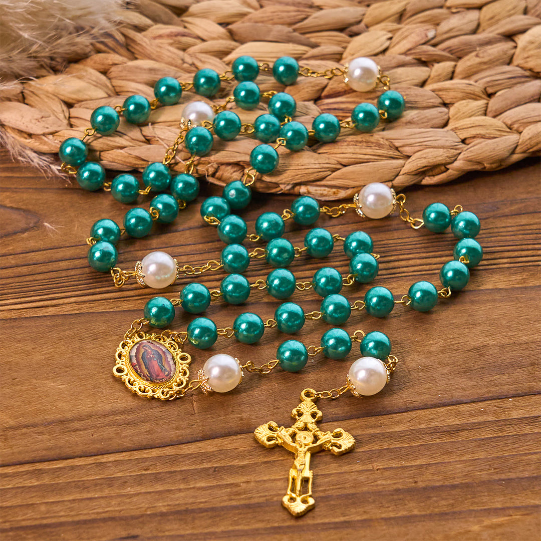 Christianartworkshop Rosenkranz aus blaugrünen Perlen mit goldfarbenem Kruzifix und Wundertätiger Medaille - image 3