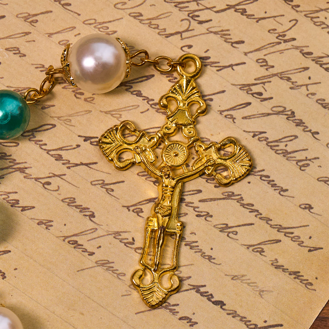 Christianartworkshop Rosenkranz aus blaugrünen Perlen mit goldfarbenem Kruzifix und Wundertätiger Medaille - image 8