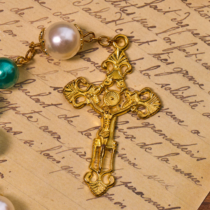Christianartworkshop Rosenkranz aus blaugrünen Perlen mit goldfarbenem Kruzifix und Wundertätiger Medaille - image 8
