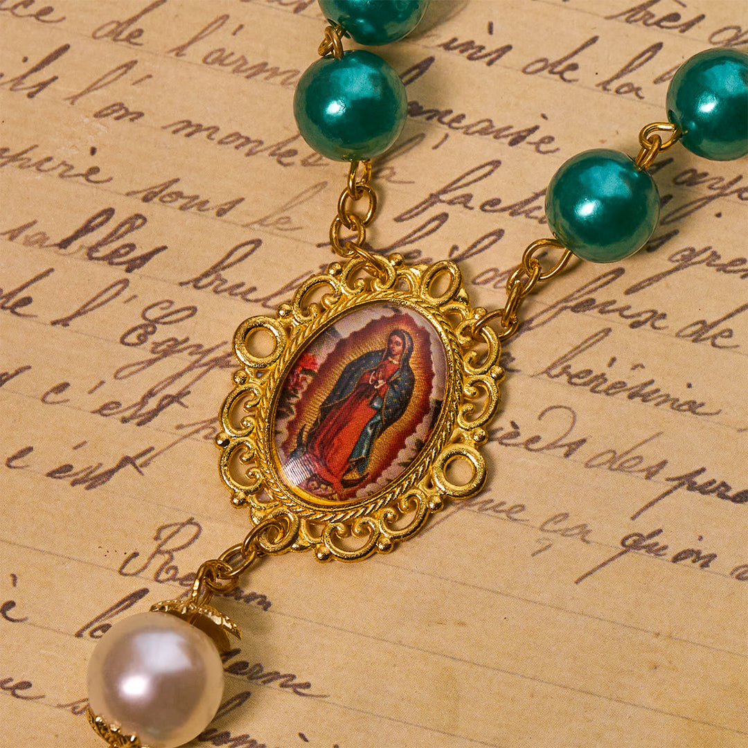 Christianartworkshop Rosenkranz aus blaugrünen Perlen mit goldfarbenem Kruzifix und Wundertätiger Medaille - image 7