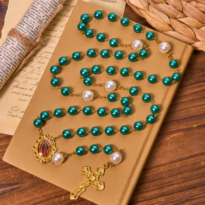 Christianartworkshop Rosenkranz aus blaugrünen Perlen mit goldfarbenem Kruzifix und Wundertätiger Medaille - image 4